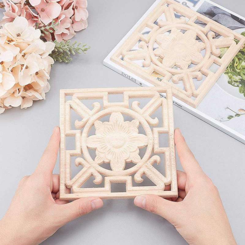 4pcs Square Wood Carved Applique Hollow Flower Unpainted Onlay