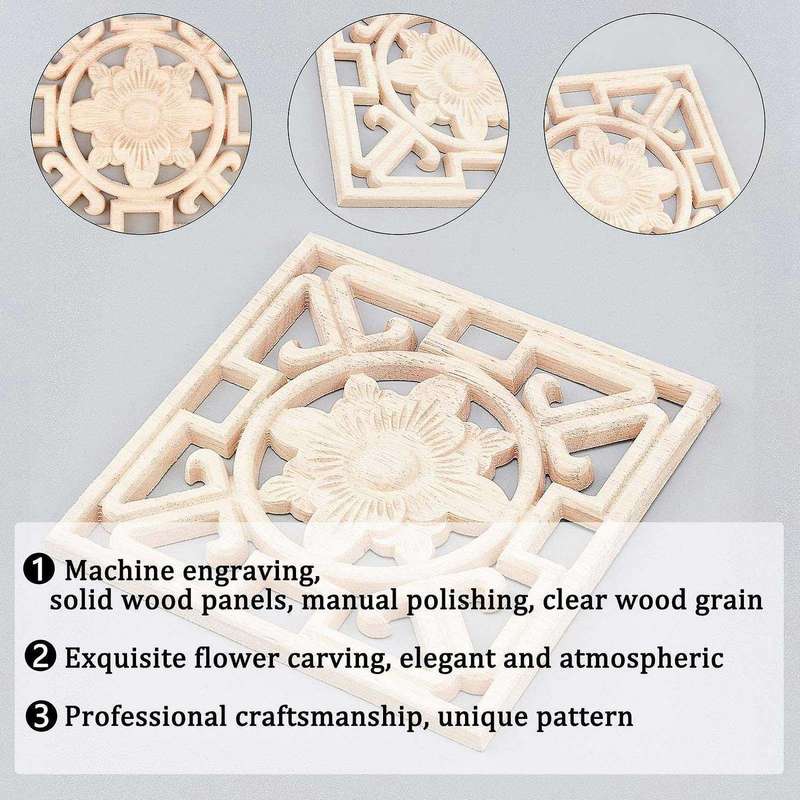 4pcs Square Wood Carved Applique Hollow Flower Unpainted Onlay