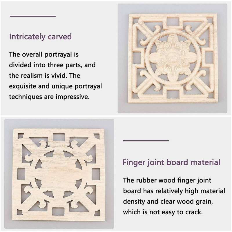 4pcs Square Wood Carved Applique Hollow Flower Unpainted Onlay