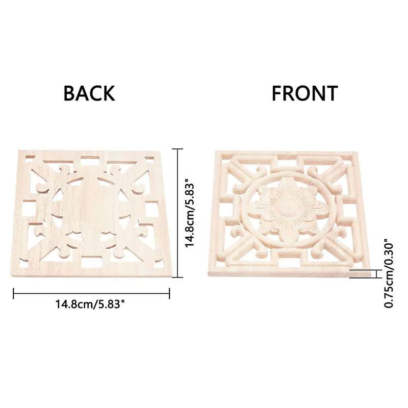 4pcs Square Wood Carved Applique Hollow Flower Unpainted Onlay