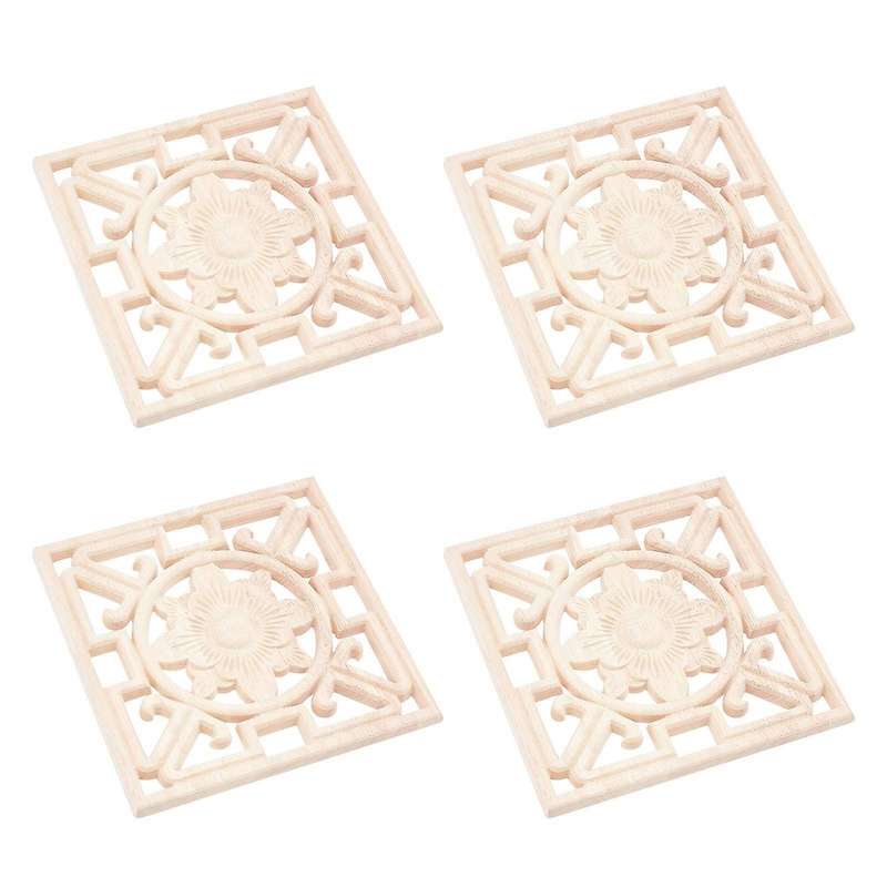 4pcs Square Wood Carved Applique Hollow Flower Unpainted Onlay