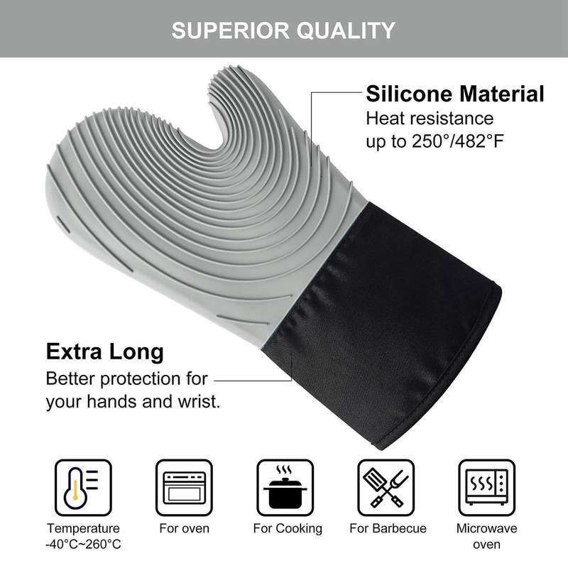 Silicone Oven Heat Resistant Thick Gloves 1 Pair with 1 Brush-grey