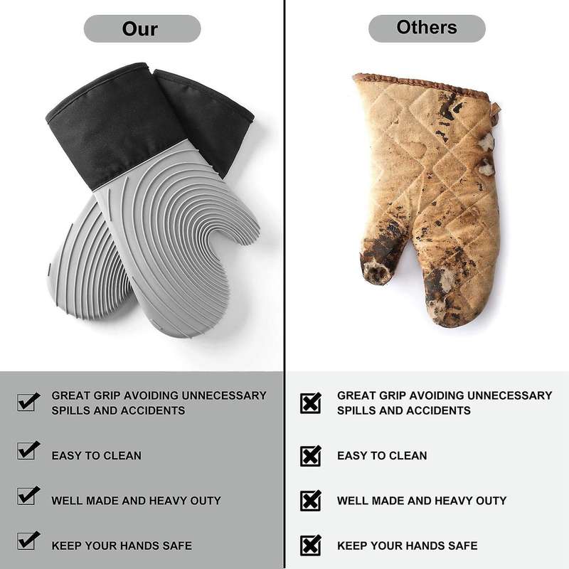 Silicone Oven Heat Resistant Thick Gloves 1 Pair with 1 Brush-grey