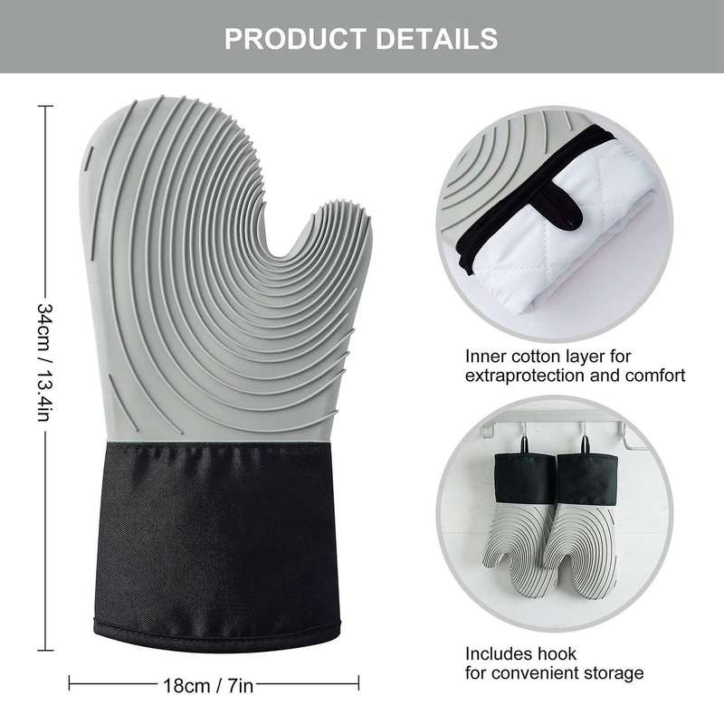 Silicone Oven Heat Resistant Thick Gloves 1 Pair with 1 Brush-grey
