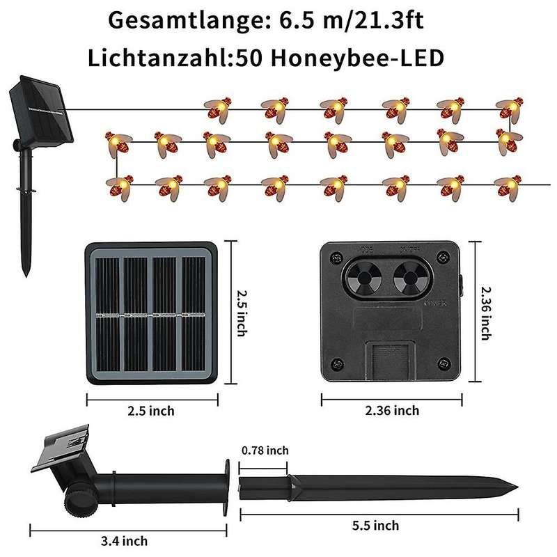 Solar Fairy Lights, 50 Cute Honey Bees Led Lights, 8 Modes
