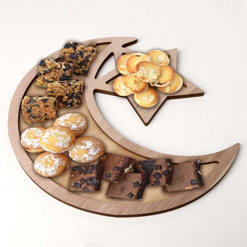 2pcs Wooden Eid Mubarak Party Serving Tableware Tray Dessert Tray D