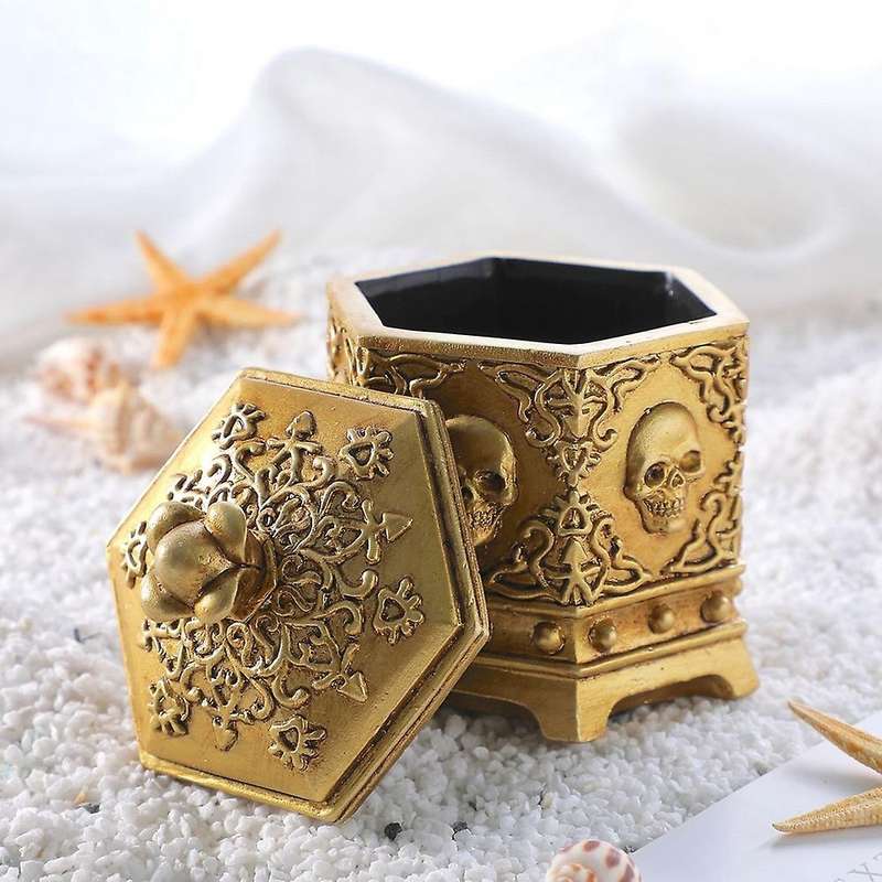 Retro Six-sided Skull Jewelry Box Golden Jewelry Storage Dust Box