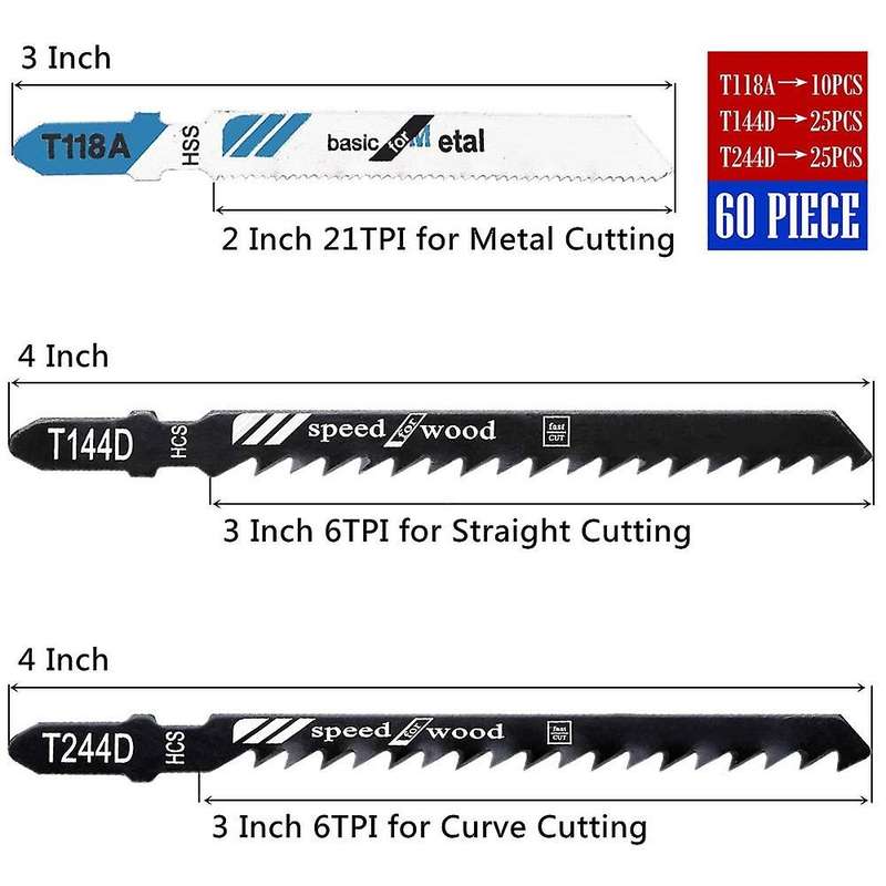60pcs T Shank Blades Set Includes Of T118a T144d T244d for Cutting