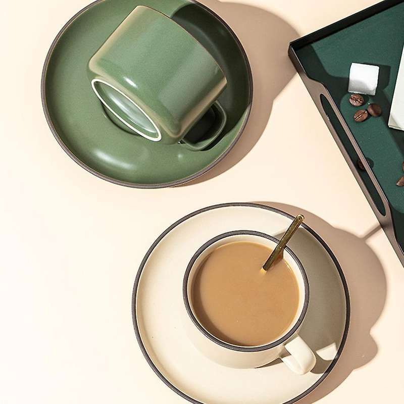 Coffee Cup and Saucer Set Nordic Ceramic Cup with Spoon(khaki)