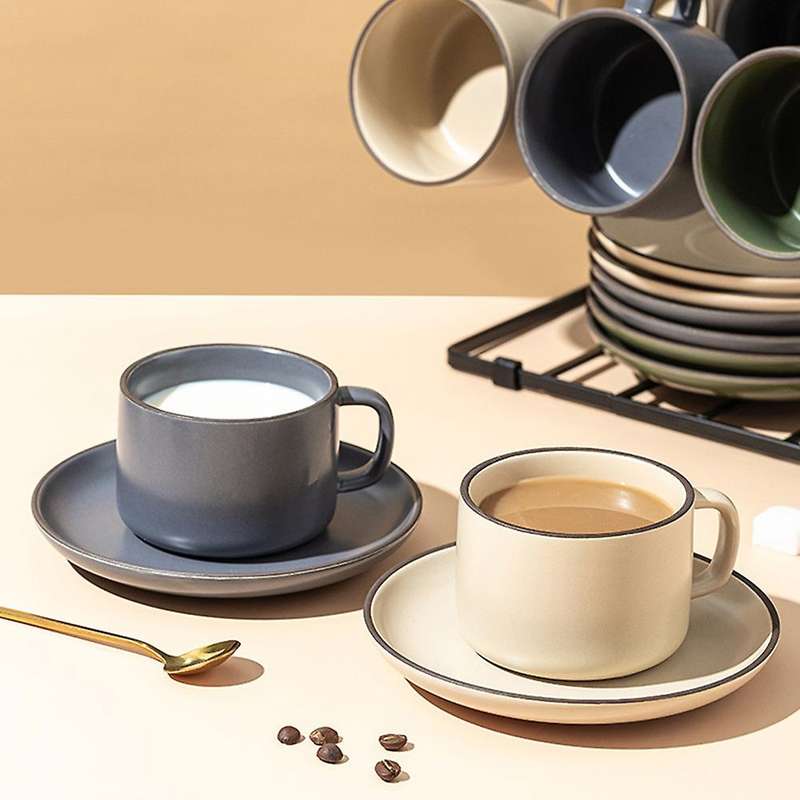 Coffee Cup and Saucer Set Nordic Ceramic Cup with Spoon(khaki)