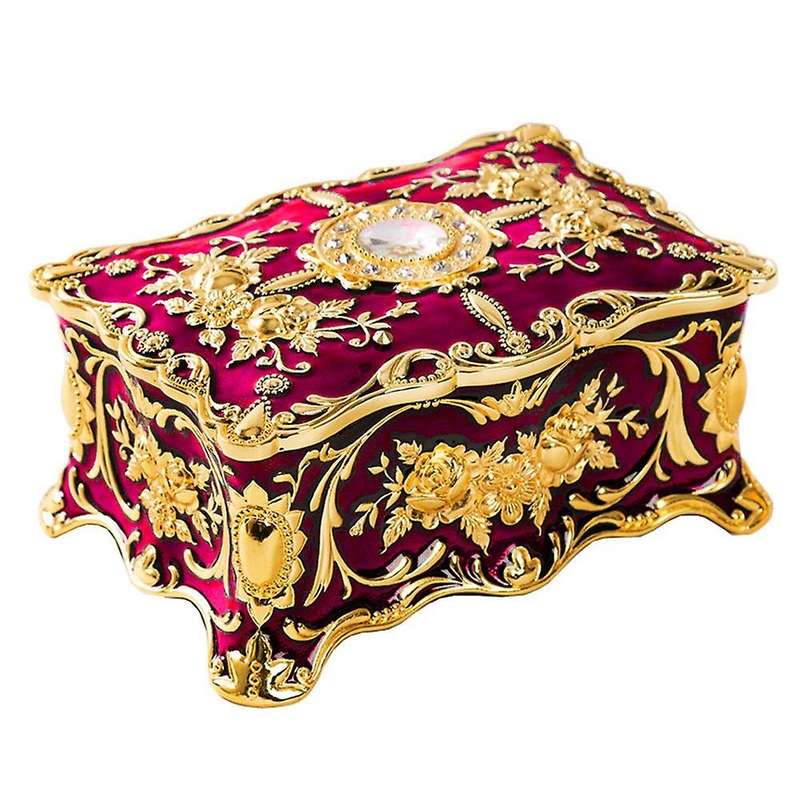 Vintage Metal Jewelry Box, Rectangular Trinket Organizer Storage Red