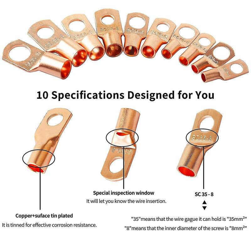 150 Pcs Copper Wire Terminal Connectors, Awg 2 4 6 8 10 12 Ring Lug