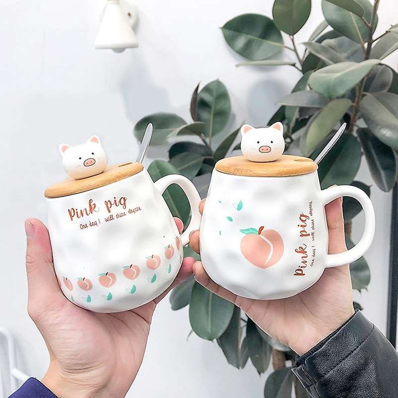 Cartoon Wooden Cover Piglet Scrub Potbelly Ceramic Cup Creative Mug A