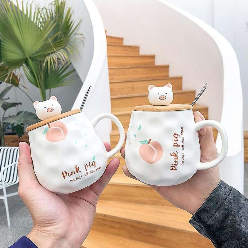 Cartoon Wooden Cover Piglet Scrub Potbelly Ceramic Cup Creative Mug A