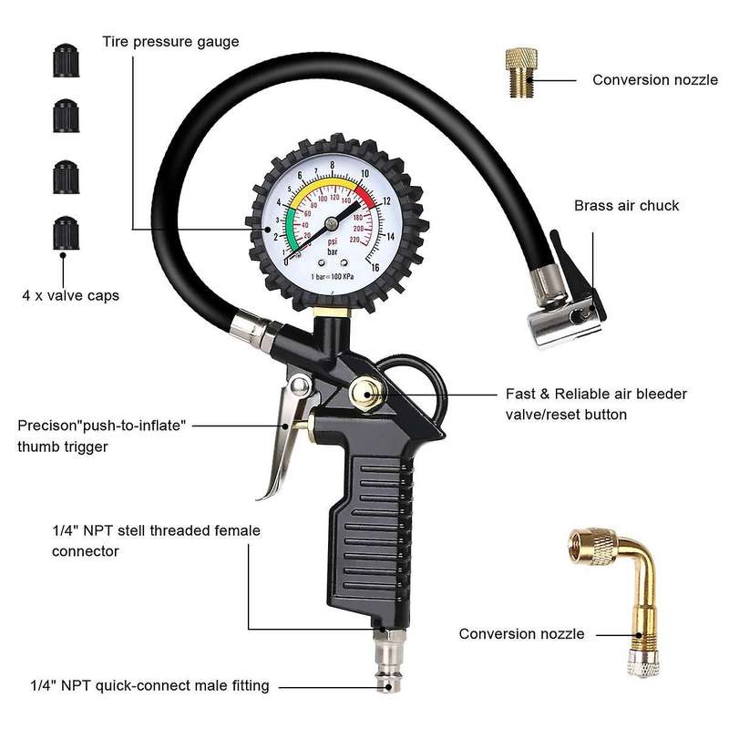 Car Tire Pressure Gauge with 90 Degree Valve Extender for Car Truck