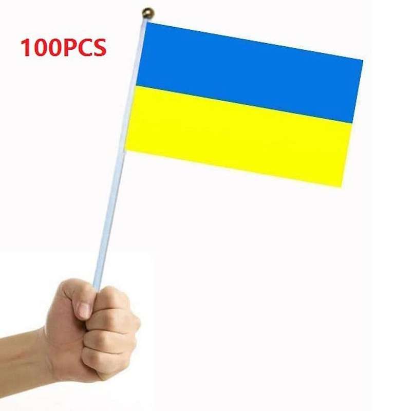 100pcs Ukraine Stick Flag, 14x21cm Handheld Mini Flag with White Pole