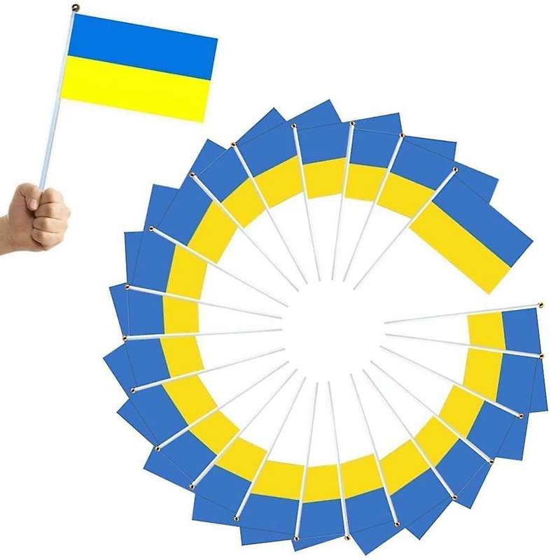 100pcs Ukraine Stick Flag, 14x21cm Handheld Mini Flag with White Pole