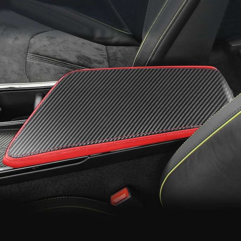 Car Carbon Fiber Center Console Lid Armrest Box Leather Pad -red