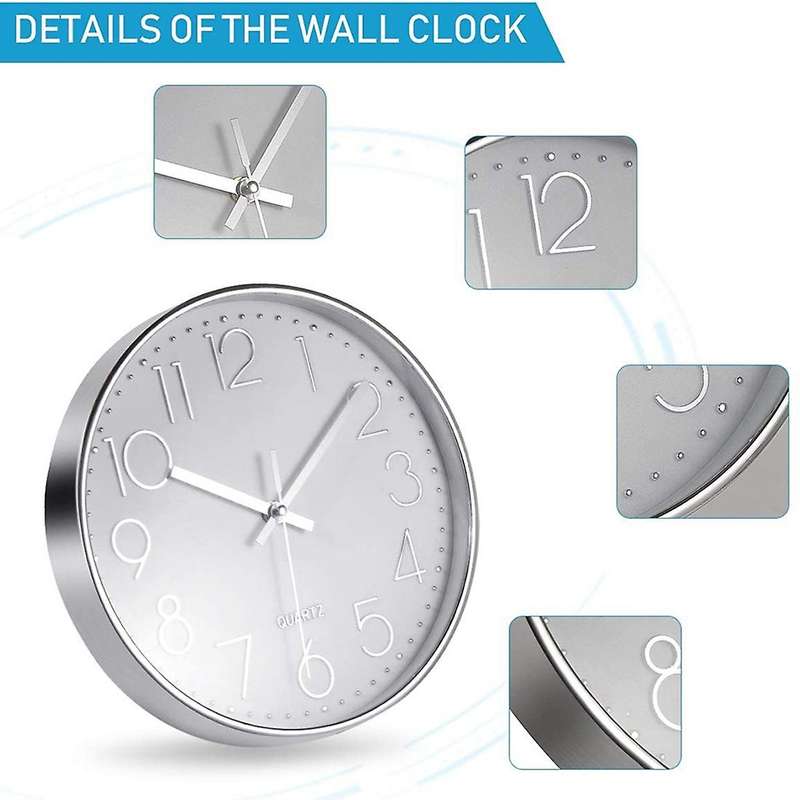 Modern Silent Wall Clock for Home Office Kitchen (25cm, Silver)