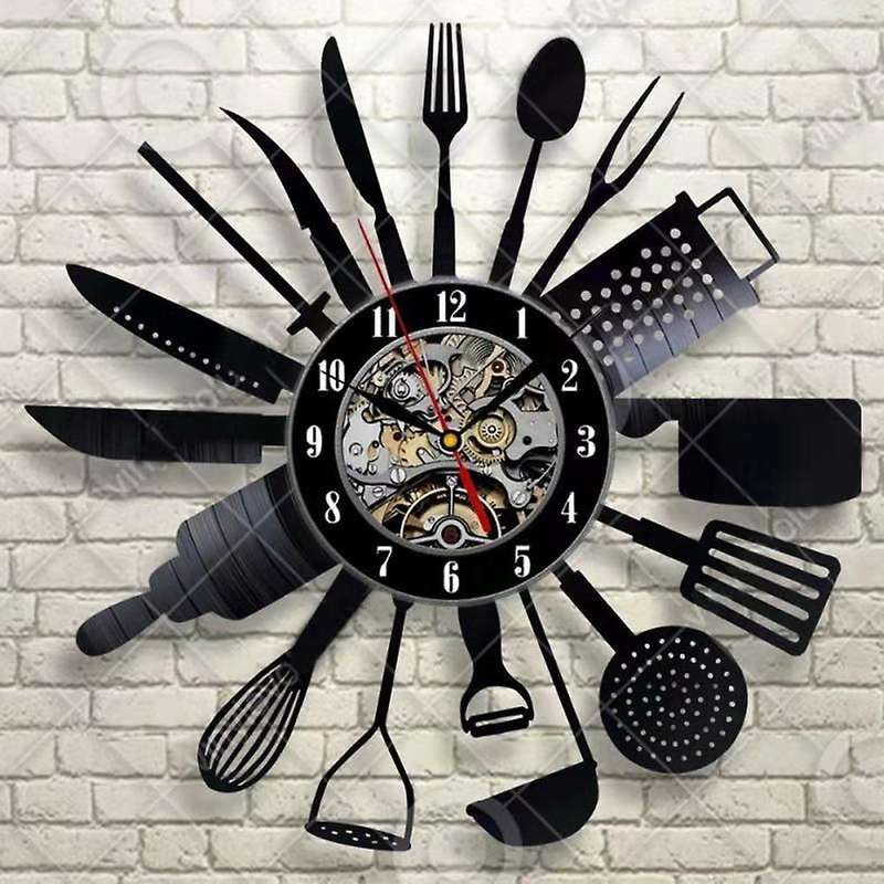 Cutlery Vinyl Record Wall Modern Design Spoon Fork Decorative Clock