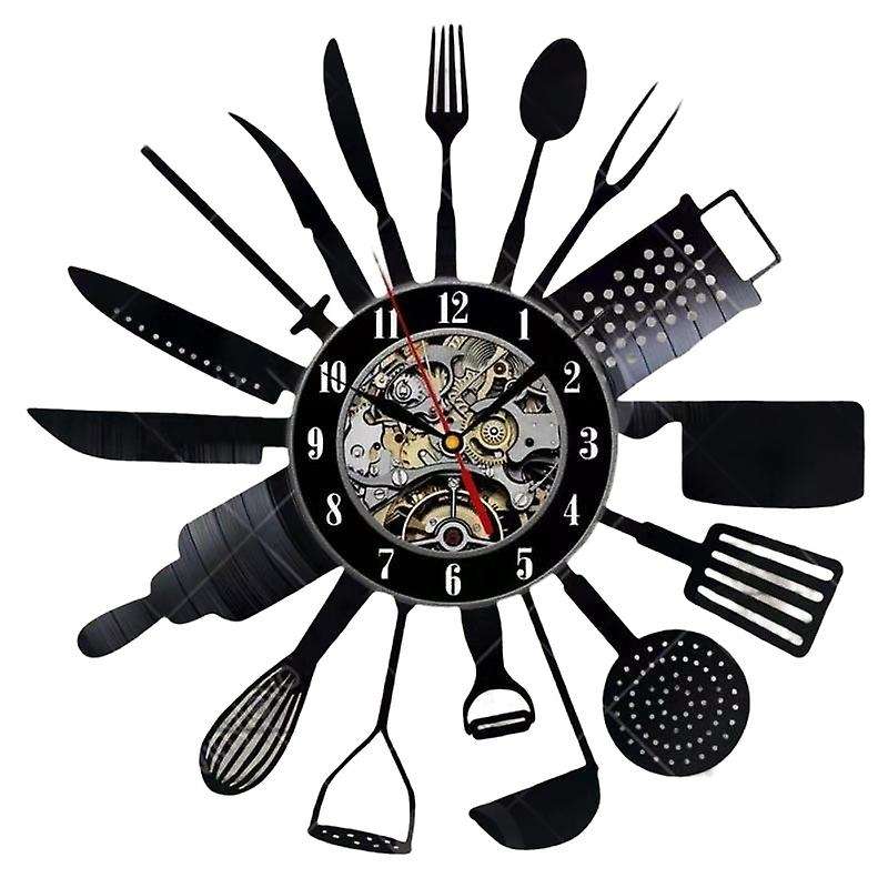 Cutlery Vinyl Record Wall Modern Design Spoon Fork Decorative Clock