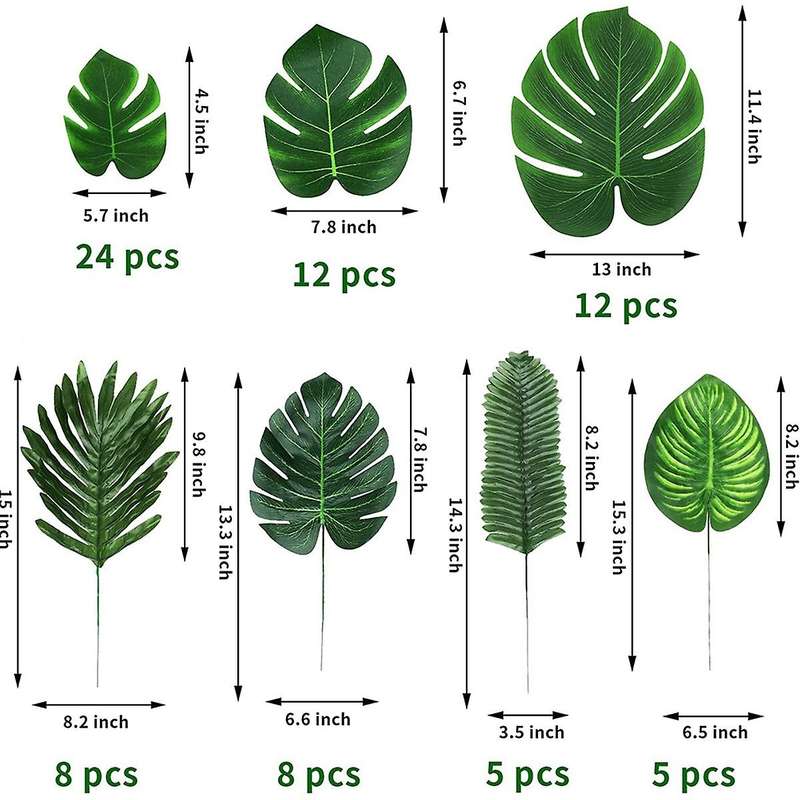 74pcs 7 Kinds Artificial Palm Leaves,for Safari Jungle Hawaiian Party