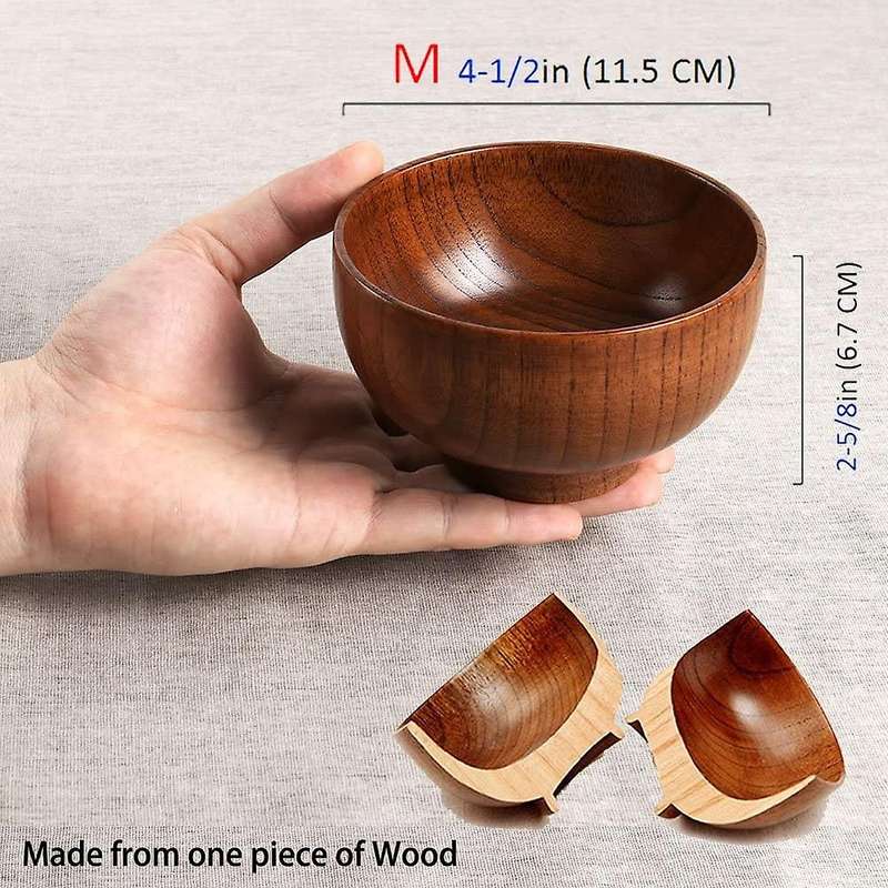 4 Pcs Wood Bowls Serving Tableware for Rice, Soup, Dip, Wooden Bowl