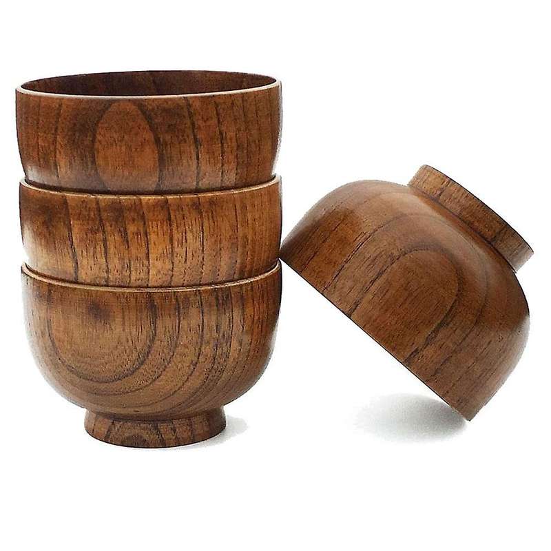 4 Pcs Wood Bowls Serving Tableware for Rice, Soup, Dip, Wooden Bowl