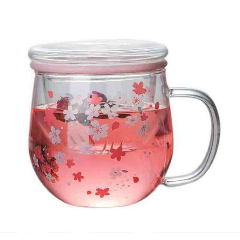 Sakura Glass Mug with Tea Infuser Filter&lid Cherry 300ml Glasses