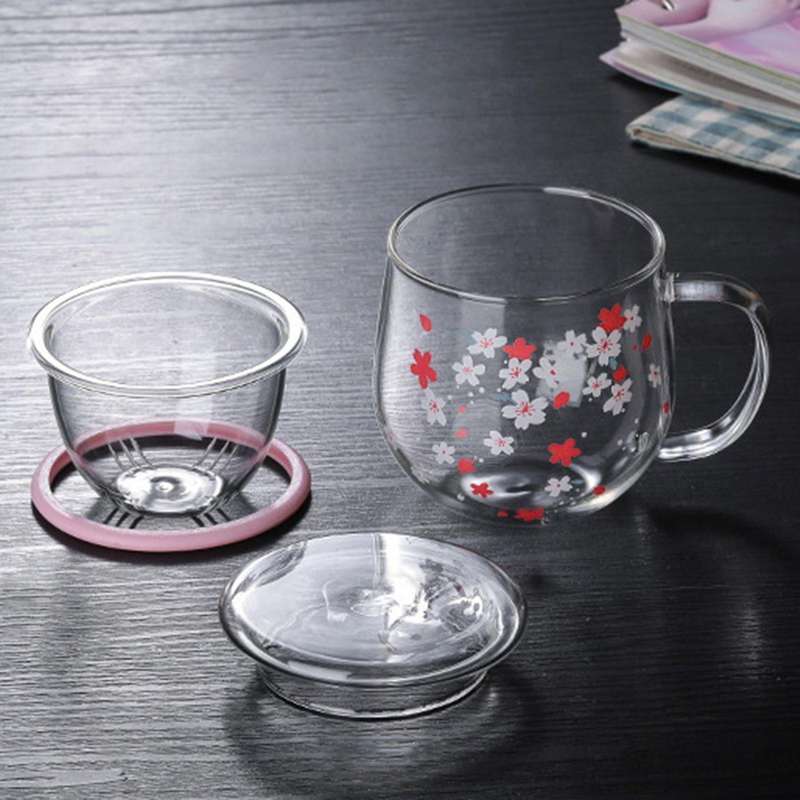 Sakura Glass Mug with Tea Infuser Filter&lid Cherry 300ml Glasses