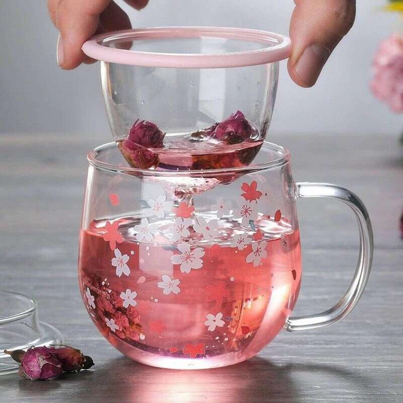 Sakura Glass Mug with Tea Infuser Filter&lid Cherry 300ml Glasses