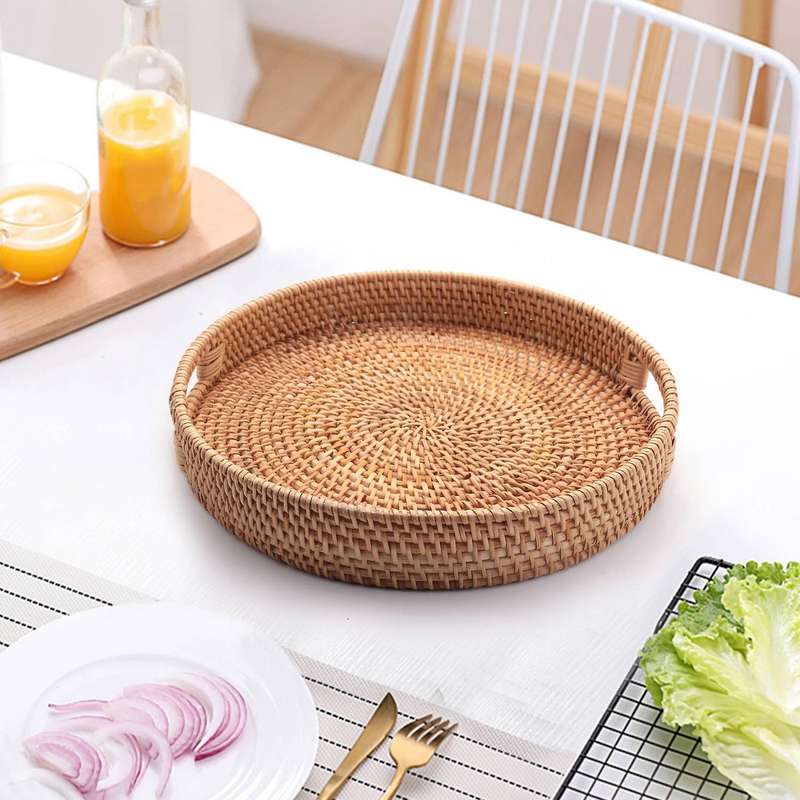 Round Rattan Woven Serving Tray with Handles Ottoman Tray