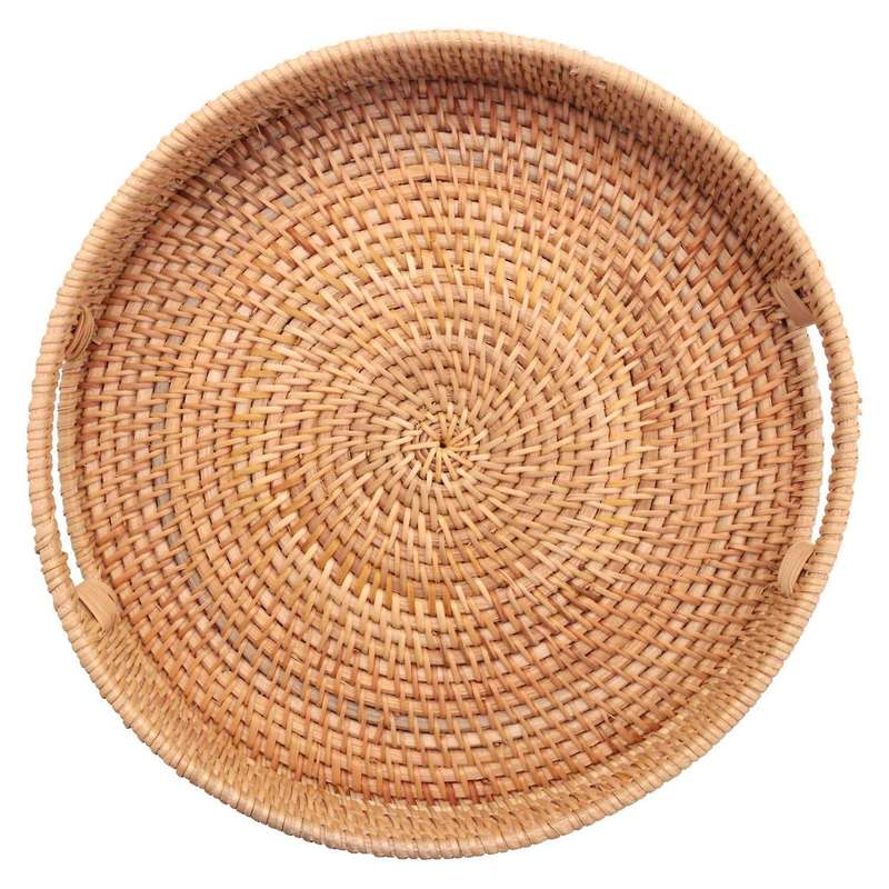 Round Rattan Woven Serving Tray with Handles Ottoman Tray