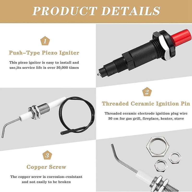 4 Pieces Propane Push-type Piezo Igniter Kit Wire 30 Cm for Gas Grill