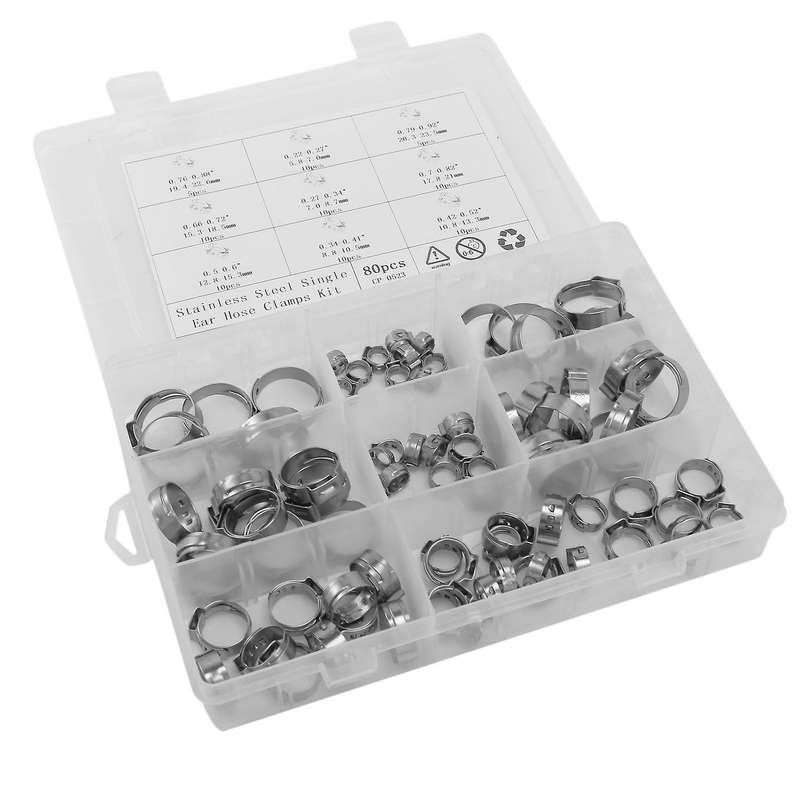Stainless Steel Single Ear Hose Clamp, 80pcs 6-23.6mm Crimp Hose