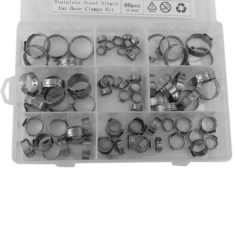 Stainless Steel Single Ear Hose Clamp, 80pcs 6-23.6mm Crimp Hose