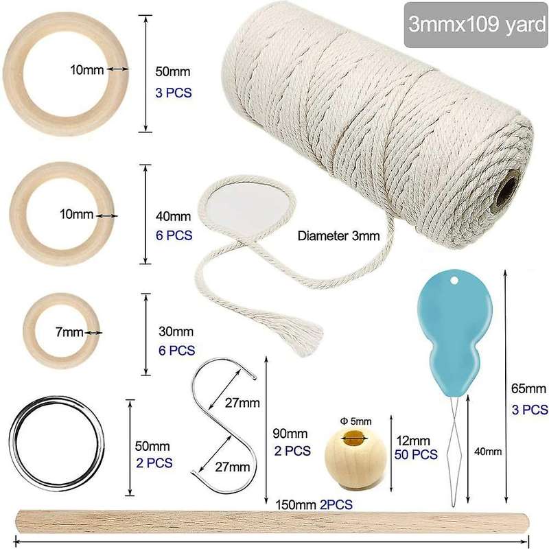 Macrame Cotton Cord 3mm with Macrame Beads Wooden Rope Rod with Hooks