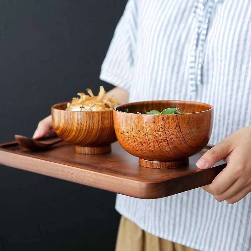 Wood Bowl Japanese Style Tableware for Rice, Soup, Coffee, Tea,4 Pcs