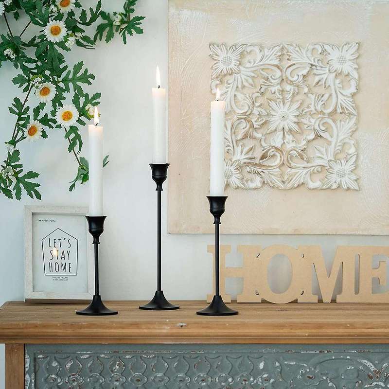 Black Candlestick Set Of 3 for Fireplace Dining Table Home Decoration