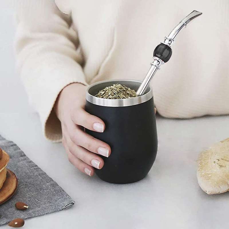 Stainless Yerba Tea Set Tea Cup with Lid Spoon Straw Brush,silver