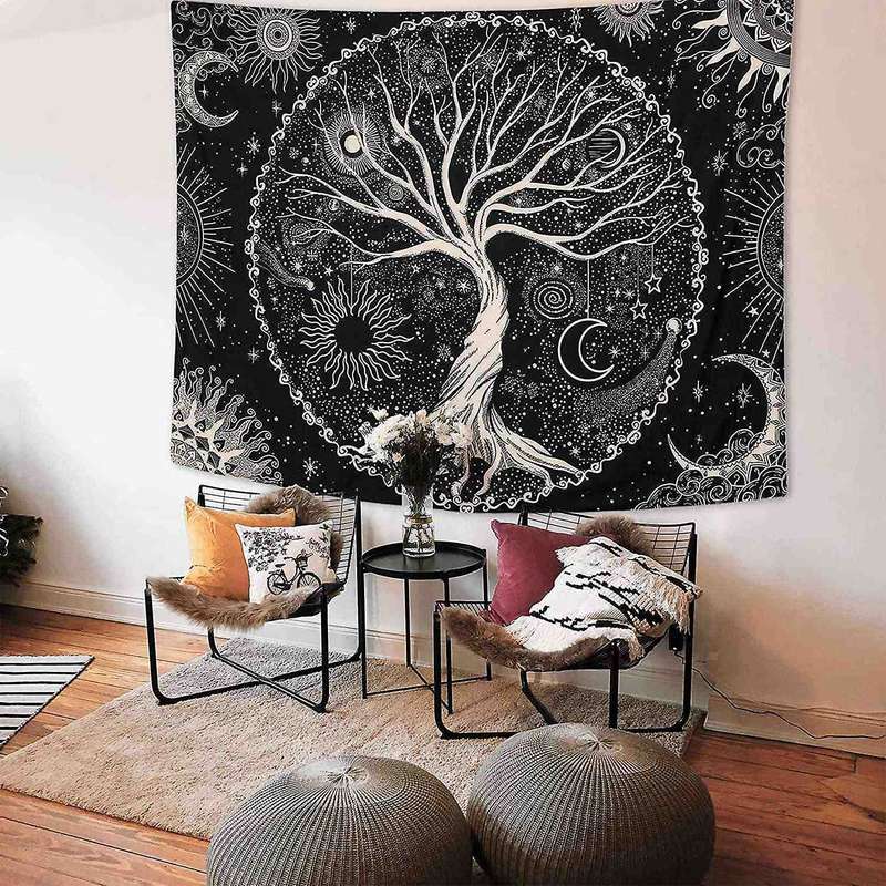 Tree Tapestry Moon and Sun Black Wall Hanging Tapestry Psychedelic