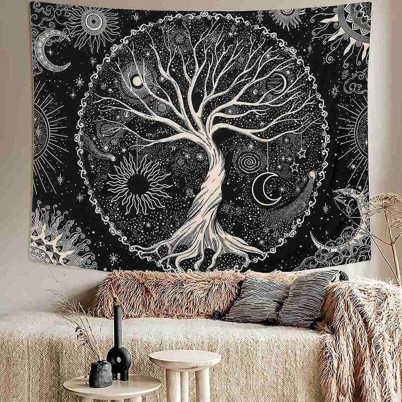 Tree Tapestry Moon and Sun Black Wall Hanging Tapestry Psychedelic