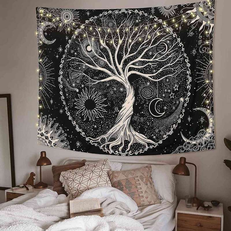 Tree Tapestry Moon and Sun Black Wall Hanging Tapestry Psychedelic