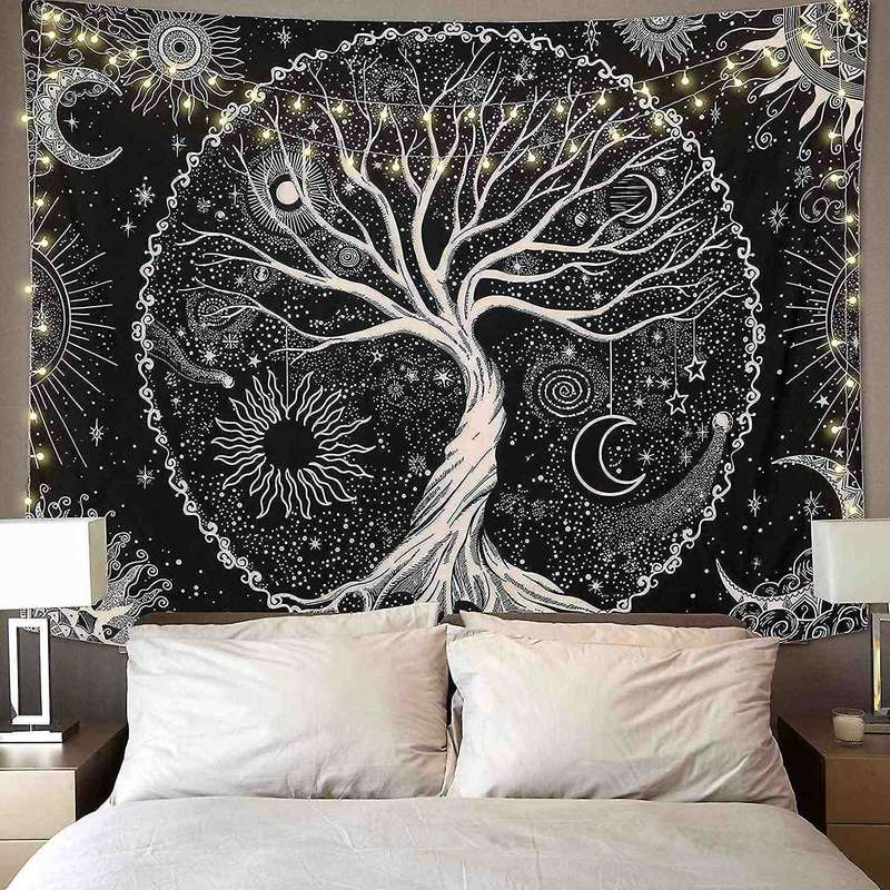Tree Tapestry Moon and Sun Black Wall Hanging Tapestry Psychedelic