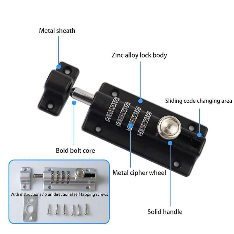 Password Lock Silver Bolt Metal Door Latch Anti-theft Safety