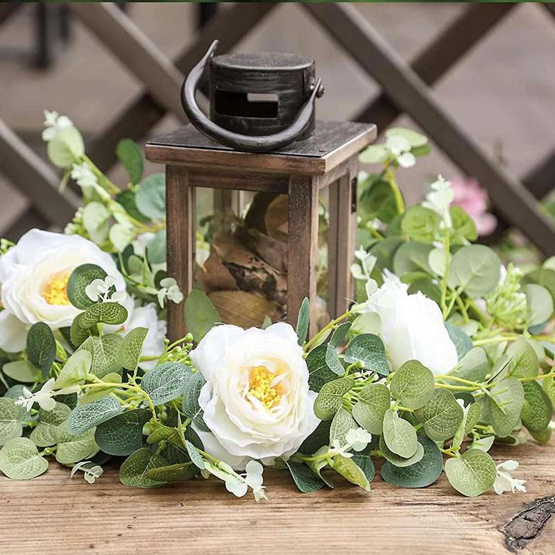2 Pack Eucalyptus Garland with Champagne Rose, Silk Floral Vines(c)