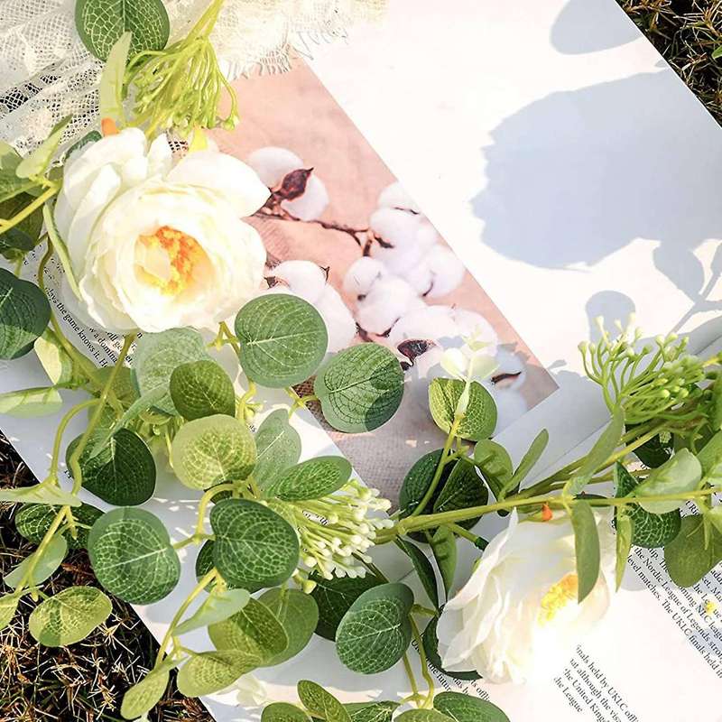 2 Pack Eucalyptus Garland with Champagne Rose, Silk Floral Vines(c)