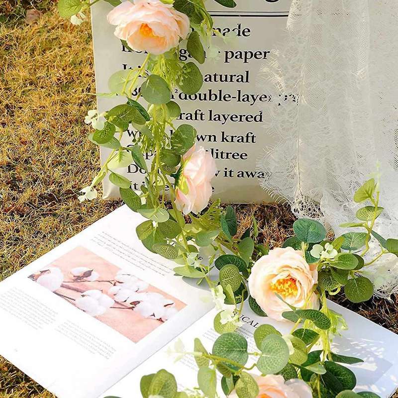 2 Pack Eucalyptus Garland with Champagne Rose, Silk Floral Vines(b)