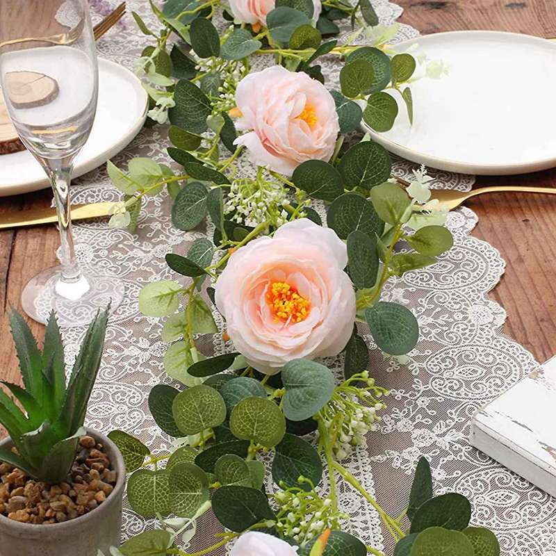 2 Pack Eucalyptus Garland with Champagne Rose, Silk Floral Vines(b)