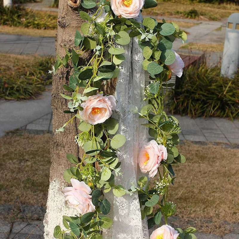 2 Pack Eucalyptus Garland with Champagne Rose, Silk Floral Vines(b)